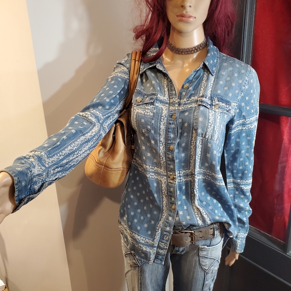 Life in Progress Vintage 70s Boho Print Denim Button Down Top
